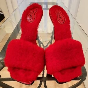 free*lance Y2K 90's  Red Leather Stiletto Mule Slides with Fuzzy Furry Size 7.5